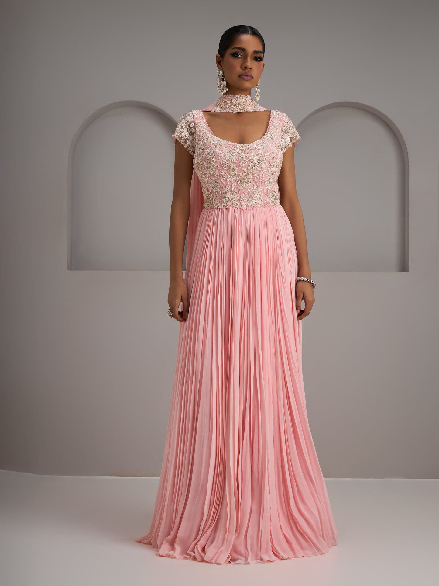 Pastel Pink Net Georgette Gathered Gown With Choker Dupatta