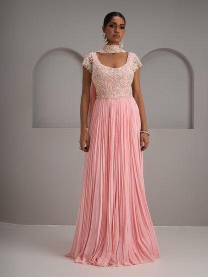 Pastel Pink Net Georgette Gathered Gown With Choker Dupatta