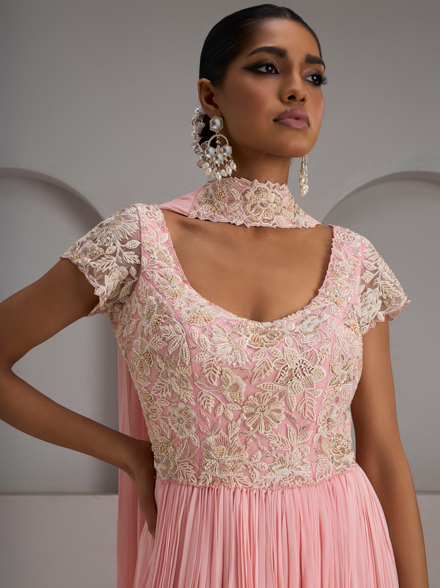 Pastel Pink Net Georgette Gathered Gown With Choker Dupatta
