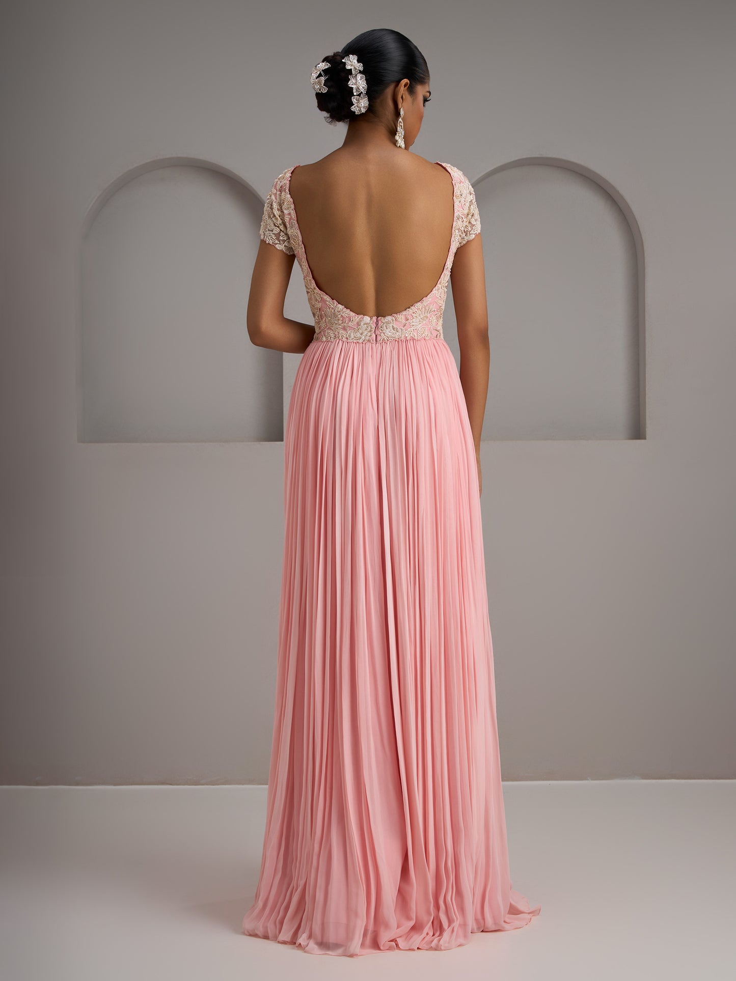 Pastel Pink Net Georgette Gathered Gown With Choker Dupatta