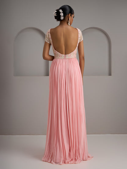 Pastel Pink Net Georgette Gathered Gown With Choker Dupatta