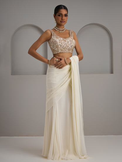 Ivory Net Halter Blouse With Drape Saree And Belt