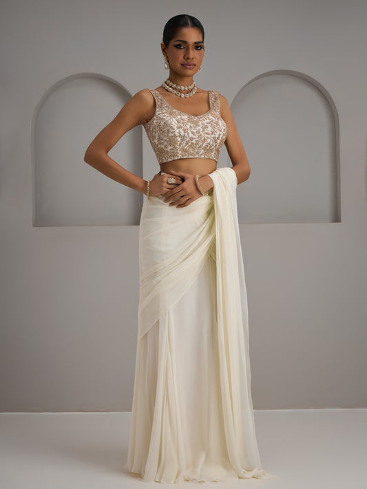Ivory Net Halter Blouse With Drape Saree And Belt