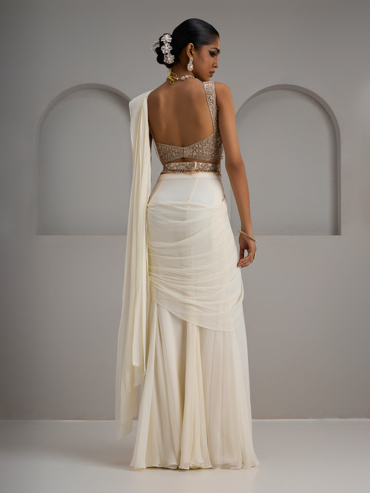 Ivory Net Halter Blouse With Drape Saree And Belt