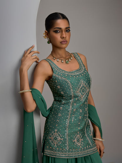 Sage Green Tunic Kurta With Dupatta And Flared Sharara Pant