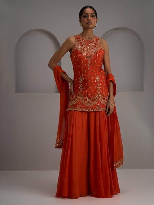 Orange Tunic Kurta With Dupatta And Flared Sharara Pant