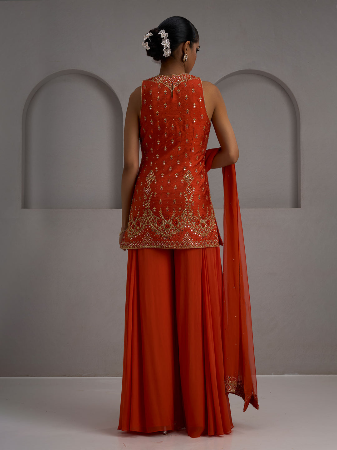Orange Tunic Kurta With Dupatta And Flared Sharara Pant