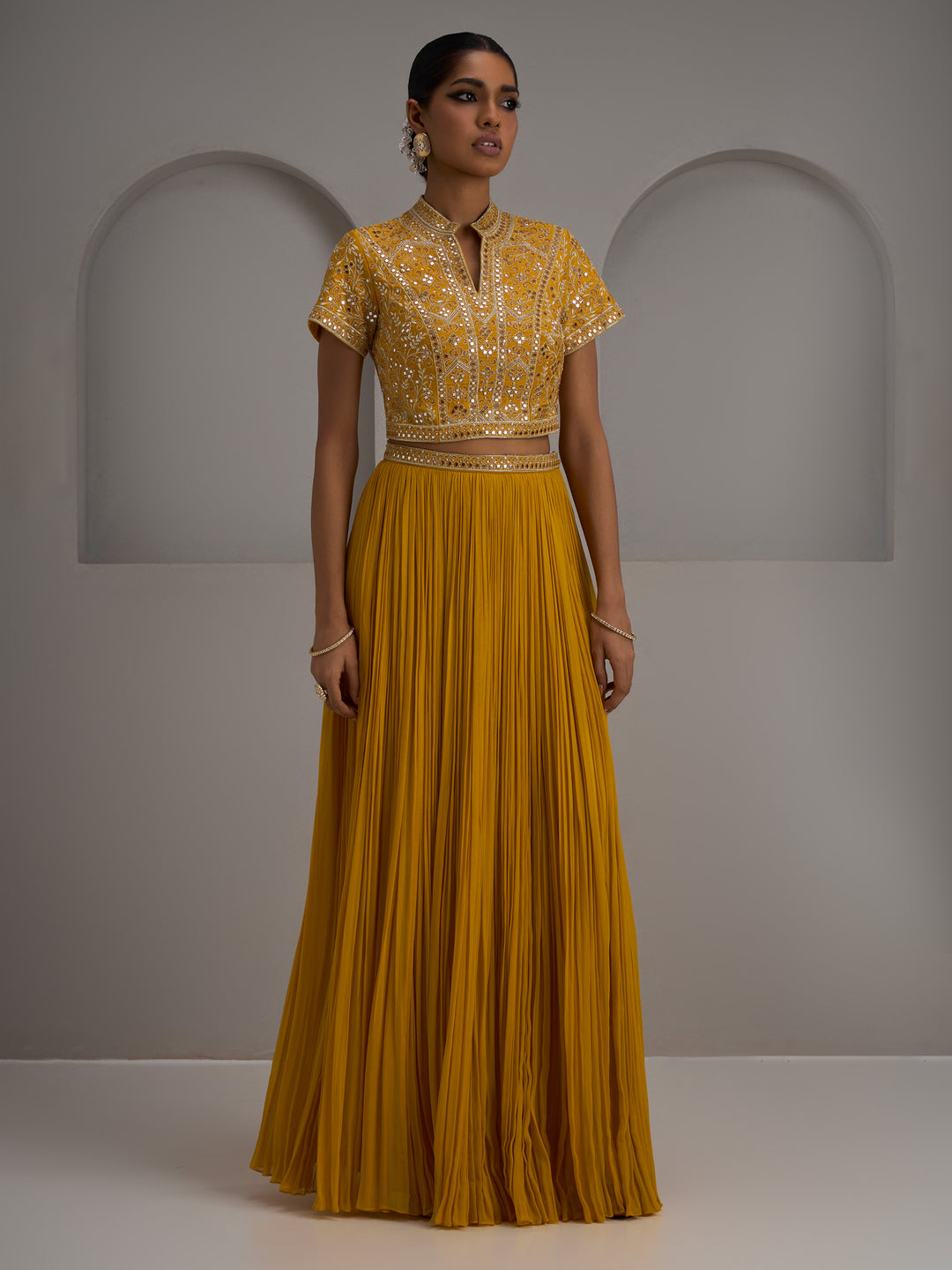 Mustard Blouse With Gather Skirt And Dupatta