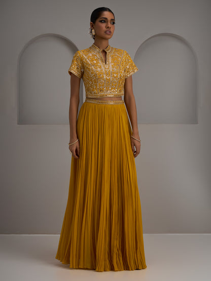 Mustard Blouse With Gather Skirt And Dupatta