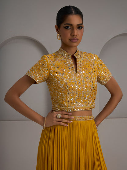 Mustard Blouse With Gather Skirt And Dupatta