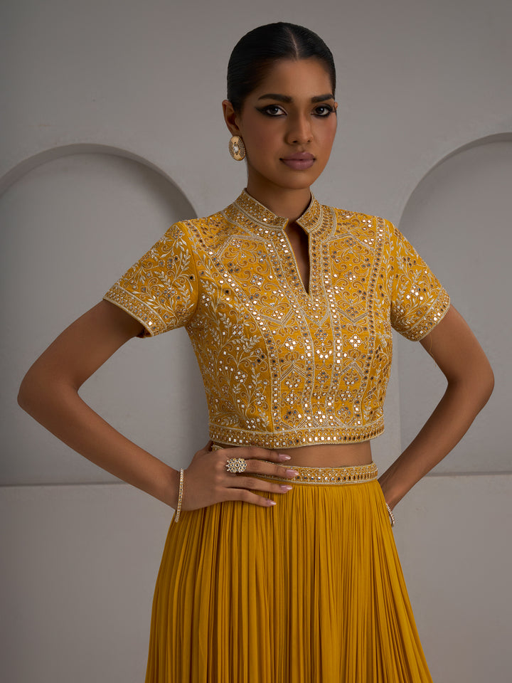 Mustard Blouse With Gather Skirt And Dupatta