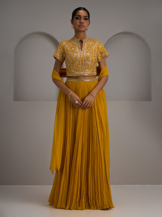 Mustard Blouse With Gather Skirt And Dupatta