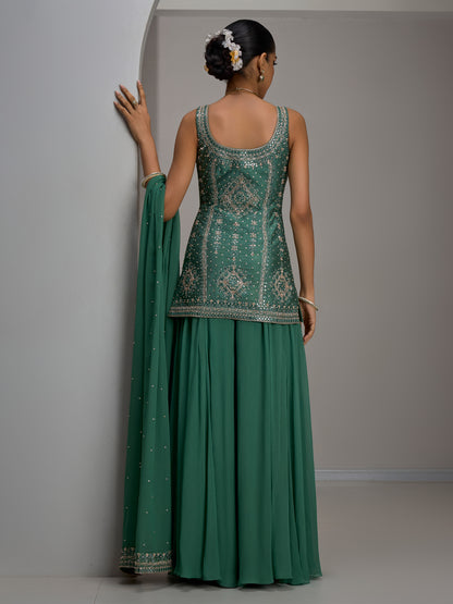 Sage Green Tunic Kurta With Dupatta And Flared Sharara Pant