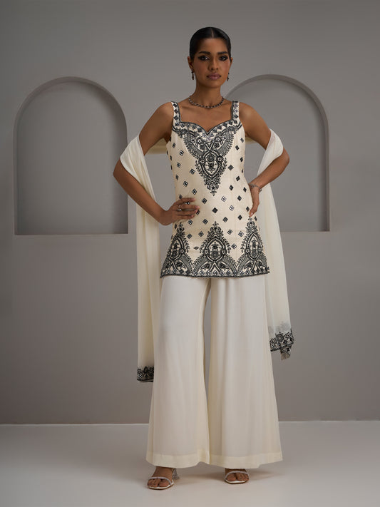 Ivory Tunic Kurta With Dupatta And Flared Sharara Pants