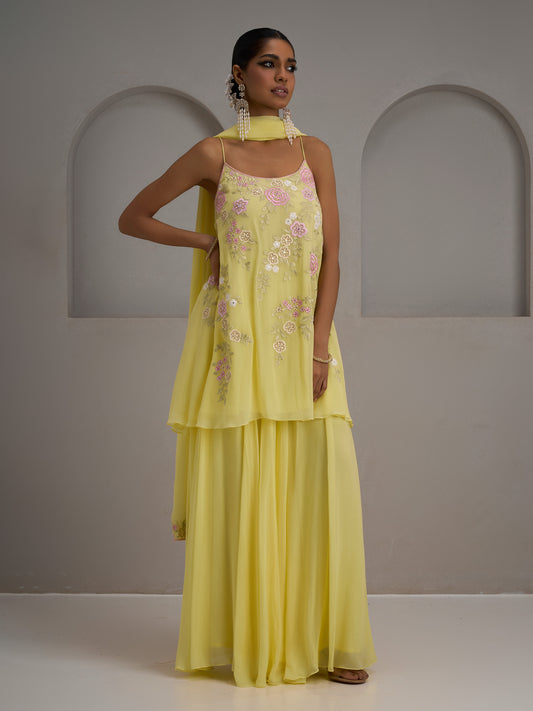 Lemon Yellow Georgette Kurti With Sharara And Dupatta