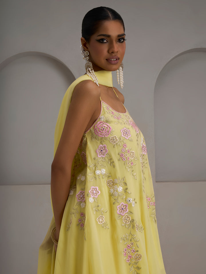 Lemon Yellow Georgette Kurti With Sharara And Dupatta