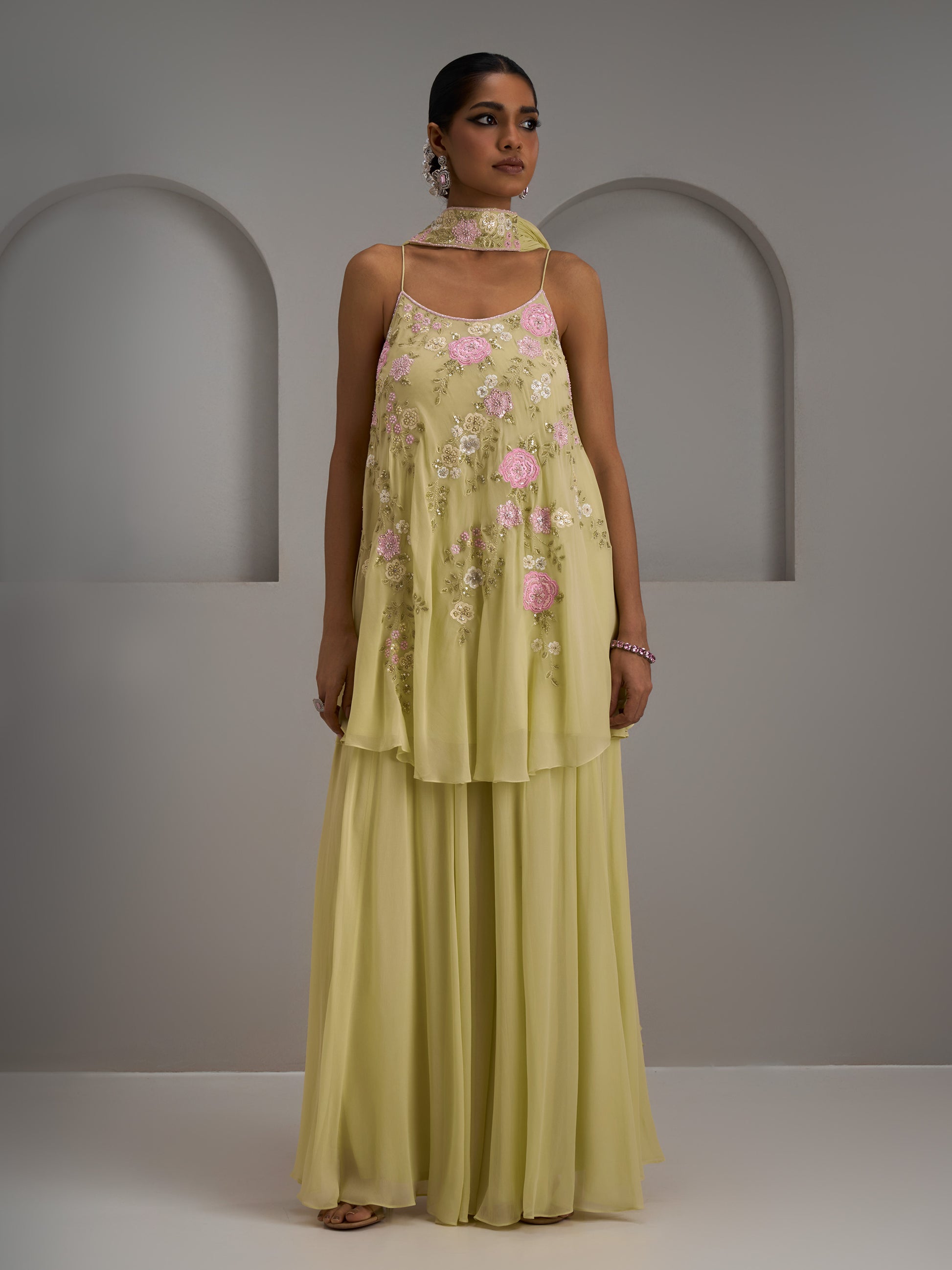 Light Green Georgette Kurti With Sharara and Choker Dupatta Light Green Georgette Kurti With Sharara and Choker Dupatta