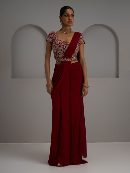 Alamkara Cutwork Georgette Blouse With Drape Saree And Belt