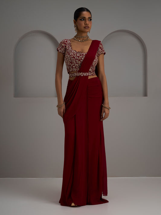 Alamkara Cutwork Georgette Blouse With Drape Saree And Belt
