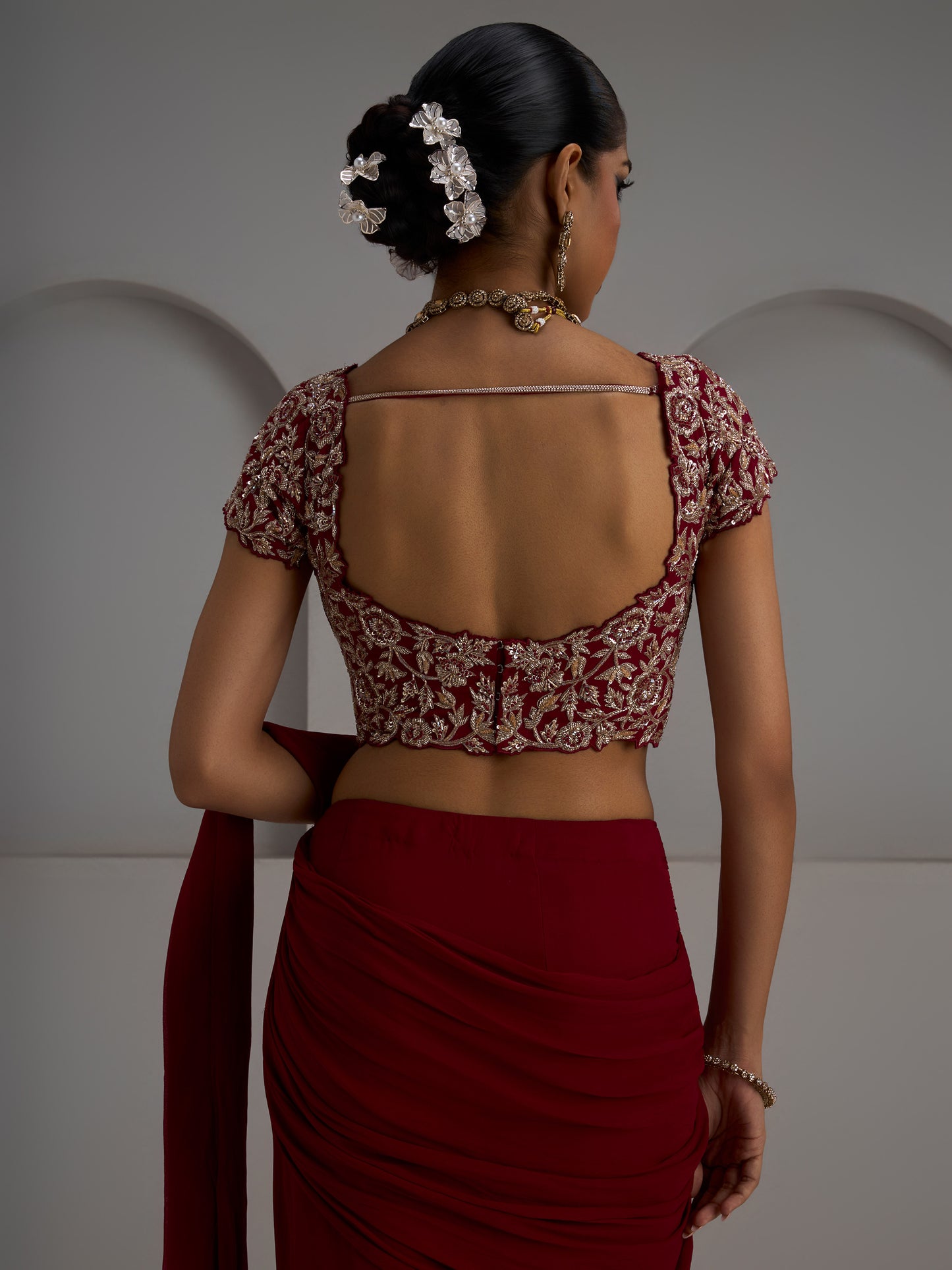 Alamkara Cutwork Georgette Blouse With Drape Saree And Belt