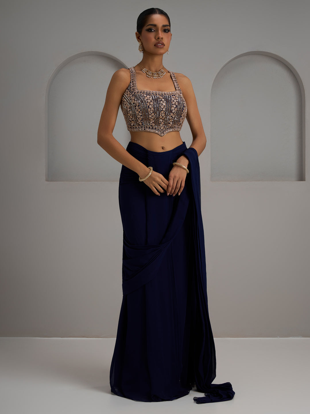 Navy Net Blouse With Hip Rushed Saree And Belt