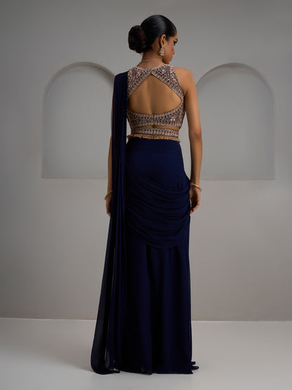 Navy Net Blouse With Hip Rushed Saree And Belt