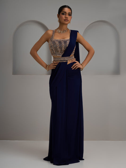 Navy Net Blouse With Hip Rushed Saree And Belt