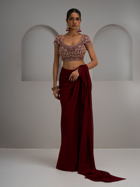 Maroon Net Blouse With Pre-Stitched Saree