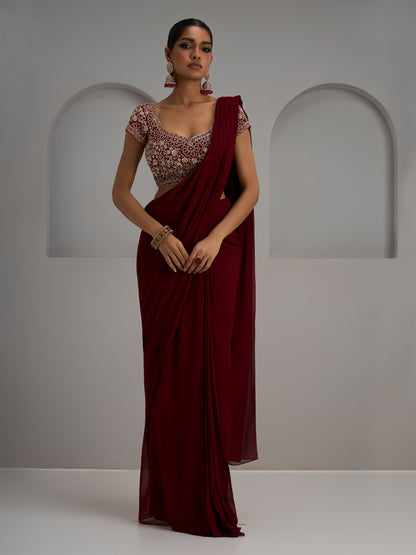 Maroon Net Blouse With Pre-Stitched Saree