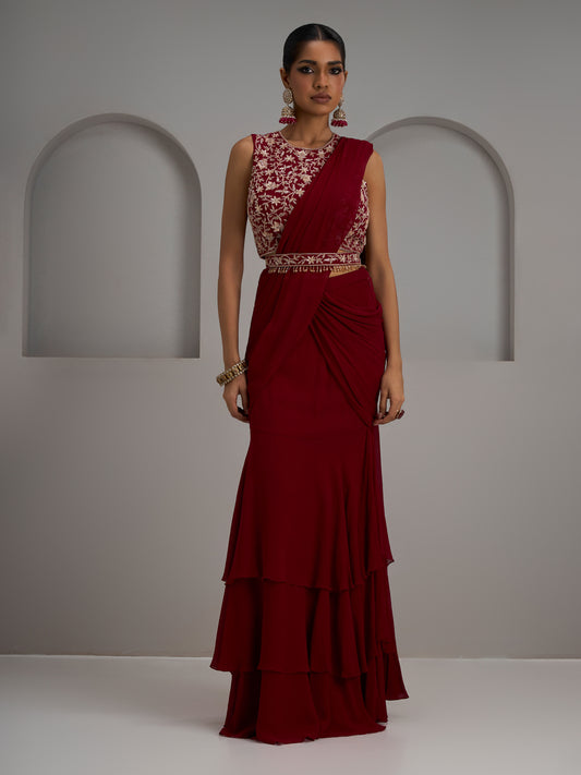 Alamkara Red Georgette Floral Blouse Paired With Three Layered Drape Saree And Belt