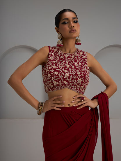 Alamkara Red Georgette Floral Blouse Paired With Three Layered Drape Saree And Belt