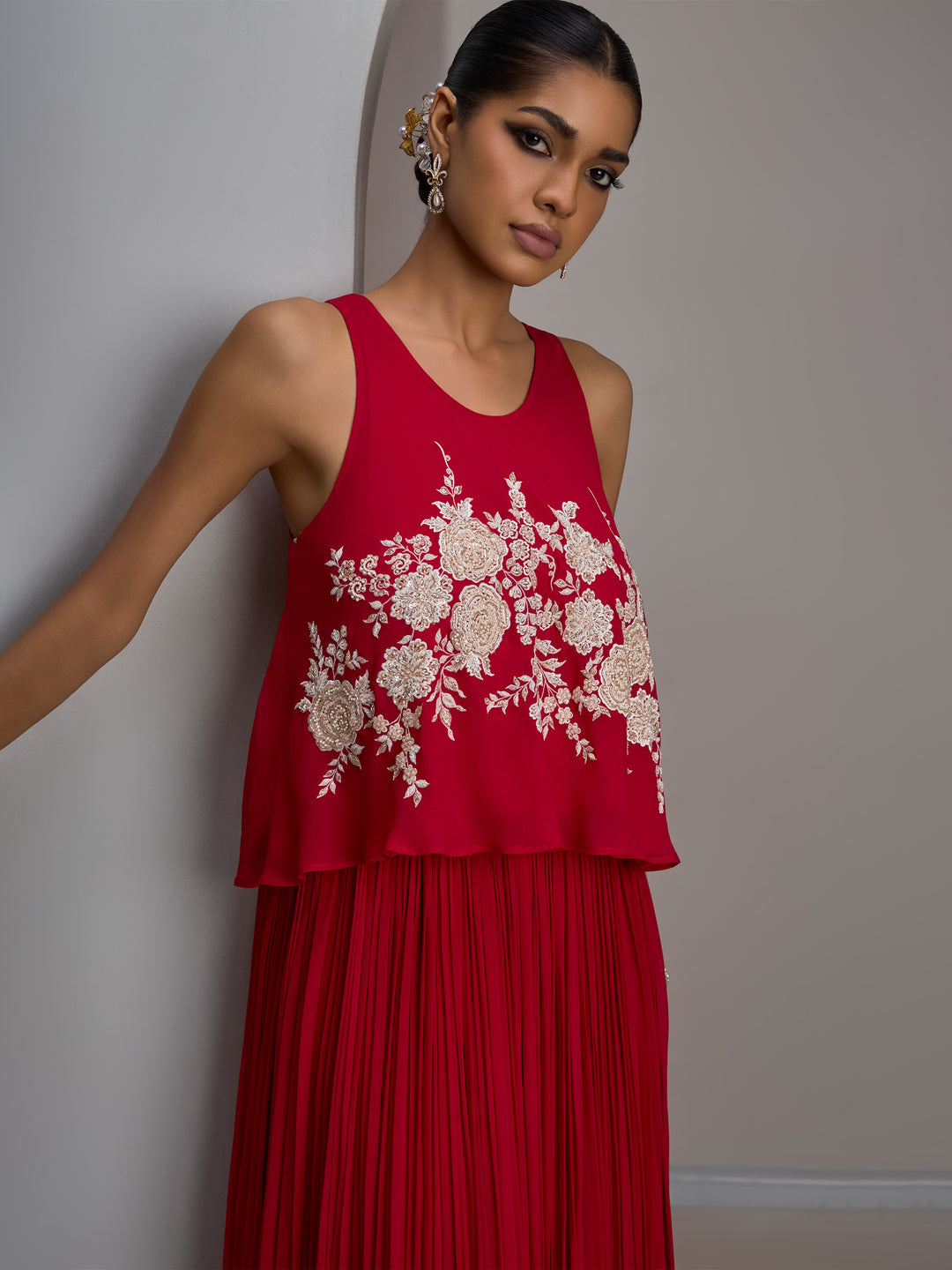 Cherry Red Georgette Spaghetti Top With Gathered Skirt And Choker Dupatta