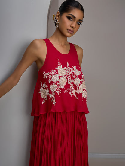 Cherry Red Georgette Spaghetti Top With Gathered Skirt And Choker Dupatta