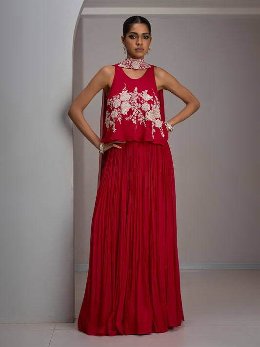 Cherry Red Georgette Spaghetti Top With Gathered Skirt And Choker Dupatta