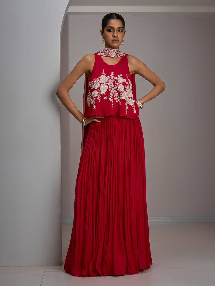 Cherry Red Georgette Spaghetti Top With Gathered Skirt And Choker Dupatta