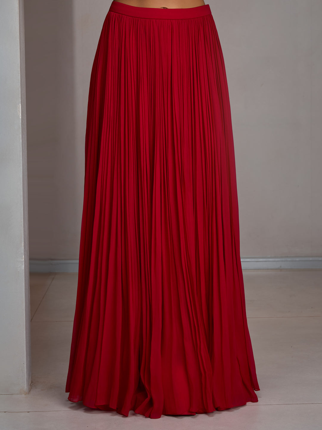 Cherry Red Georgette Spaghetti Top With Gathered Skirt And Choker Dupatta