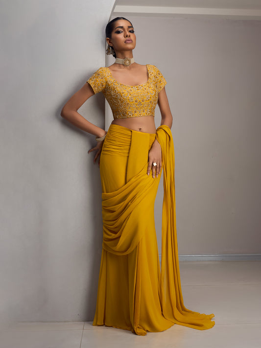 Mustard Rawsilk Blouse With Drape Saree And Belt