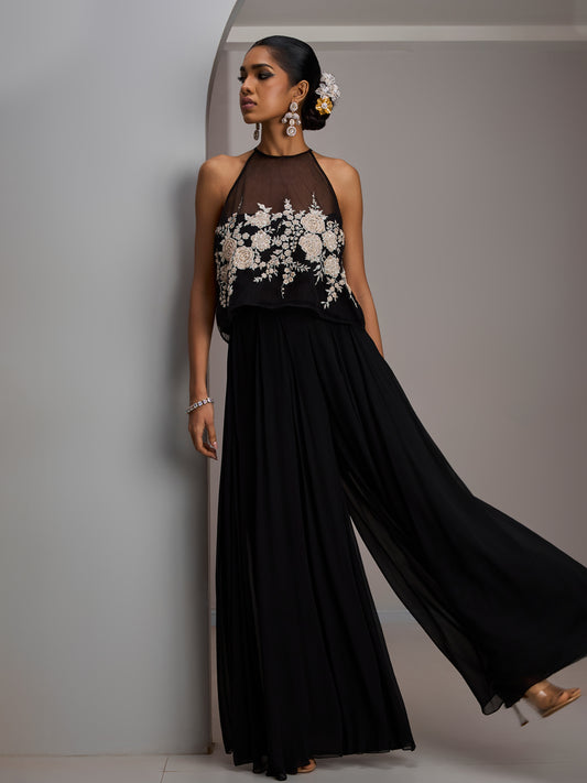 Black Crop Top With Ivory Work Paired With Flared Sharara Pants And A Stole
