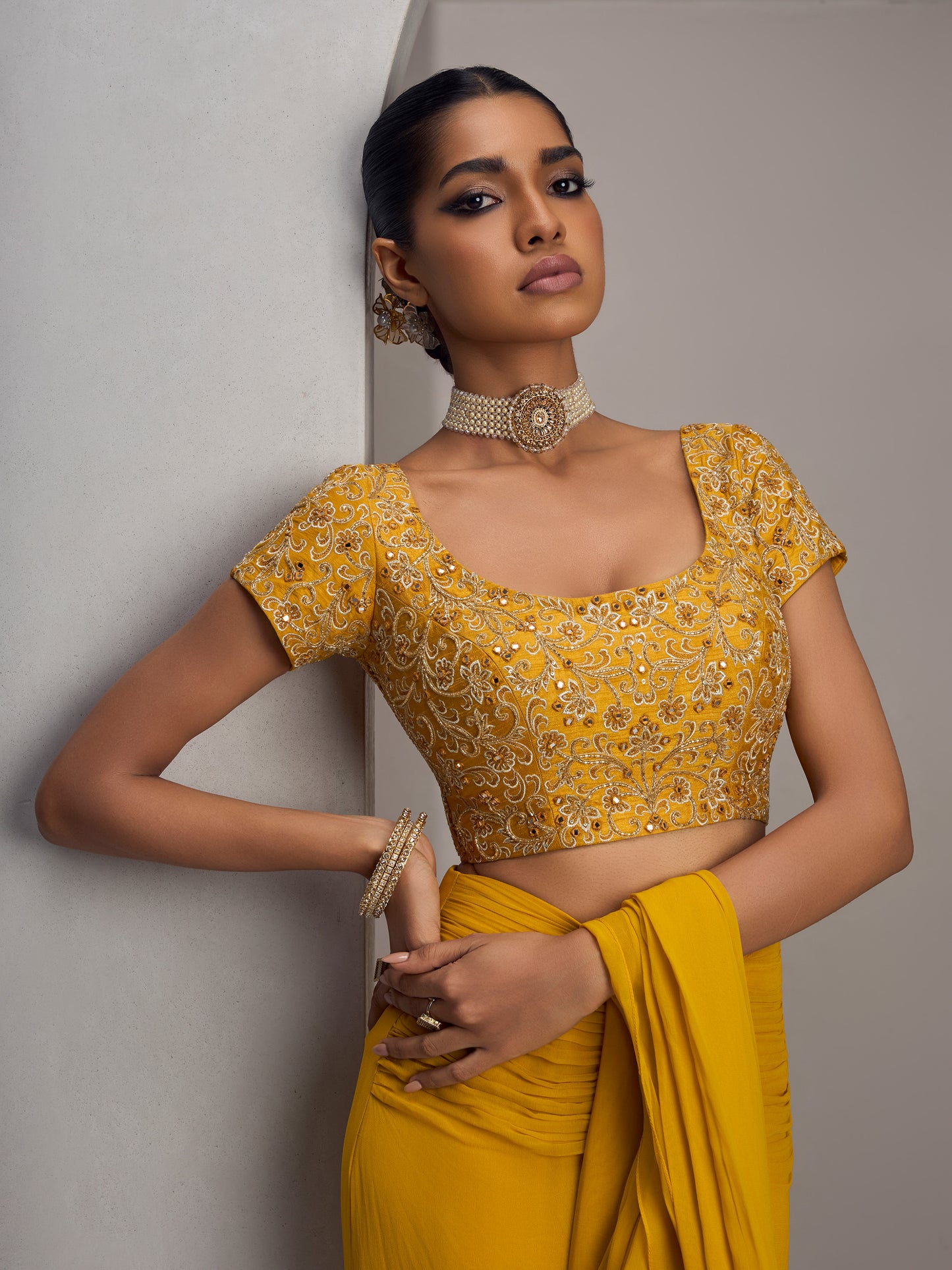 Mustard Rawsilk Blouse With Drape Saree And Belt