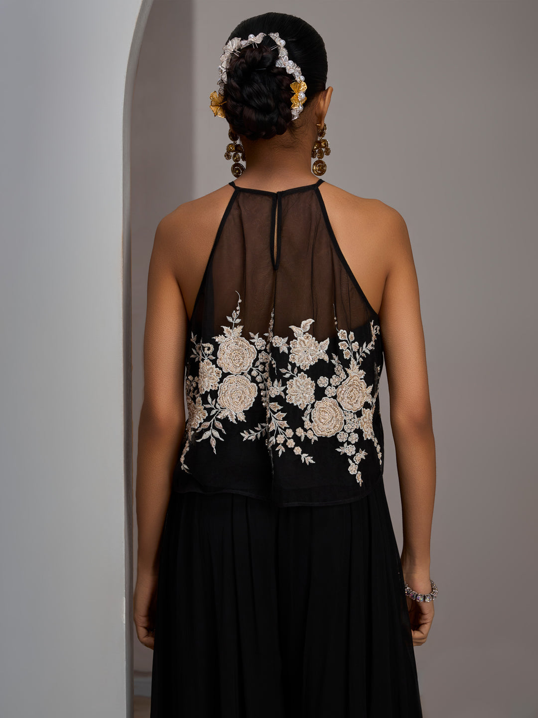 Black Crop Top With Ivory Work Paired With Flared Sharara Pants And A Stole
