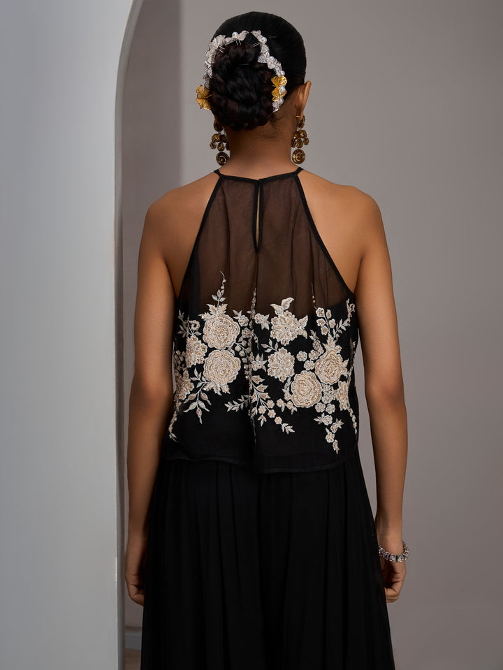 Black Crop Top With Ivory Work Paired With Flared Sharara Pants And A Stole