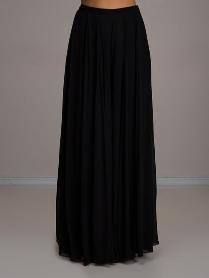 Black Crop Top With Ivory Work Paired With Flared Sharara Pants And A Stole