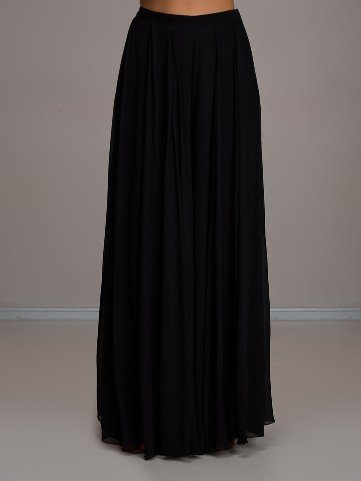 Black Crop Top With Ivory Work Paired With Flared Sharara Pants And A Stole