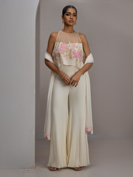 Ivory Net Crop Top With Pastel Embroidered Work And Georgette Flared Sharara Pants
