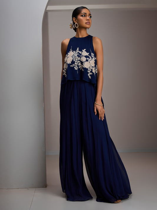 Navy Georgette Halter Crop Top With Georgette Flared Sharara Pants And Stole