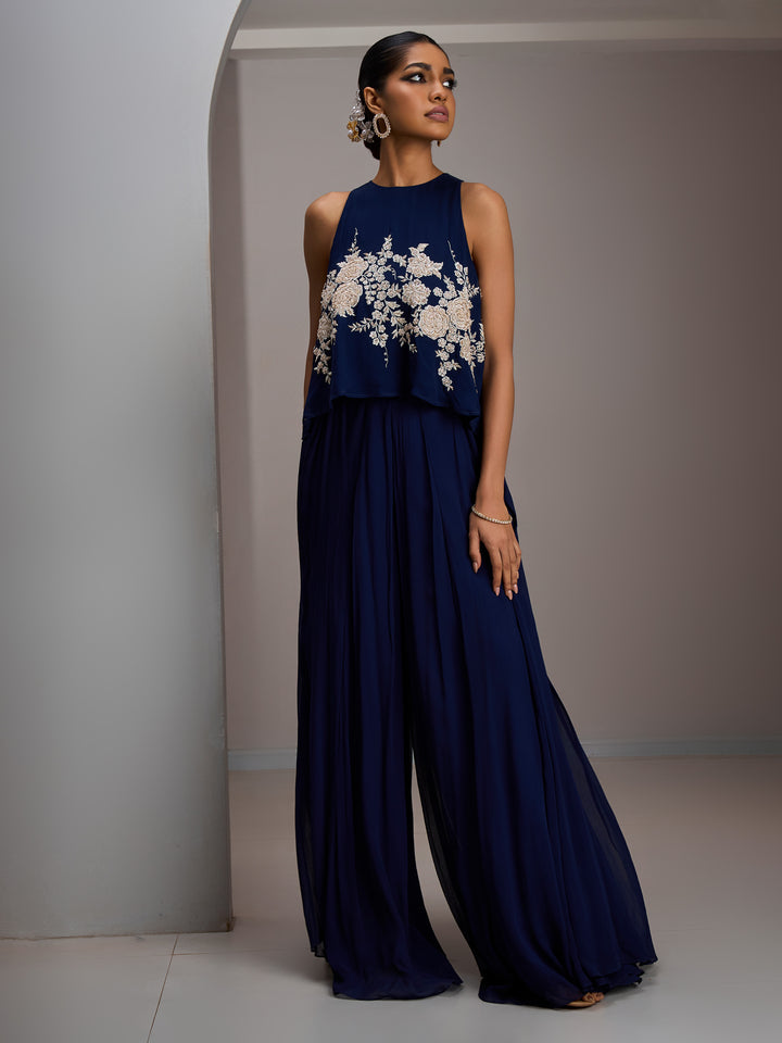 Navy Georgette Halter Crop Top With Georgette Flared Sharara Pants And Stole