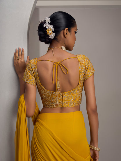 Mustard Rawsilk Blouse With Drape Saree And Belt