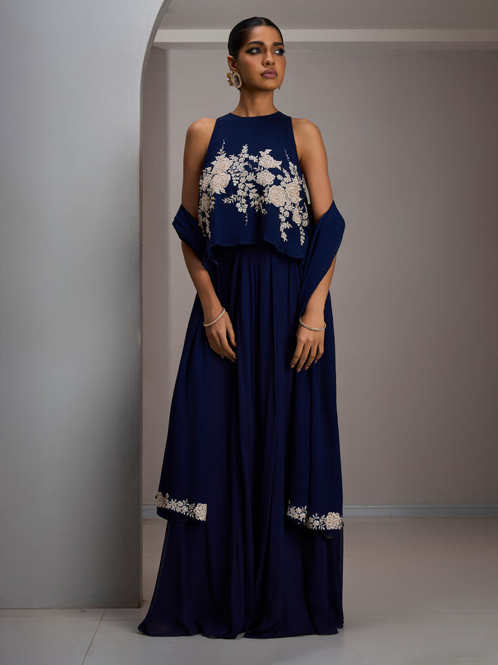 Navy Georgette Halter Crop Top With Georgette Flared Sharara Pants And Stole