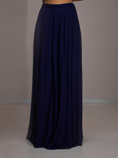 Navy Georgette Halter Crop Top With Georgette Flared Sharara Pants And Stole
