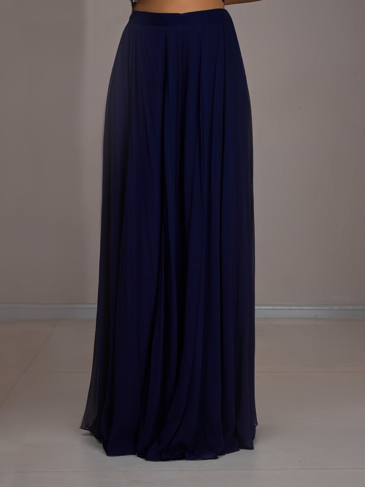 Navy Georgette Halter Crop Top With Georgette Flared Sharara Pants And Stole